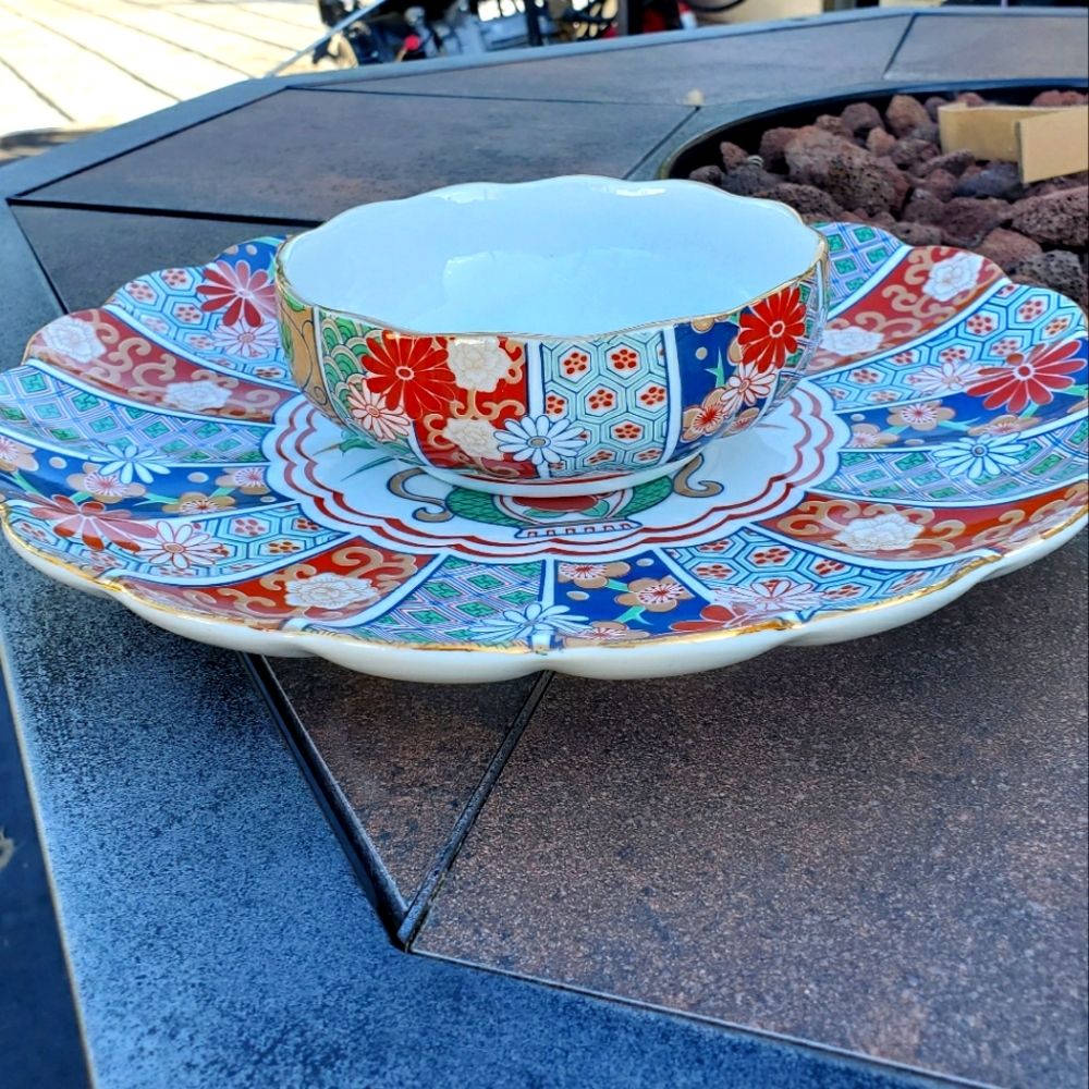 Arita Imari Fan Design Chip and Dip Set / Scalloped Tray & Bowl / Mid Century